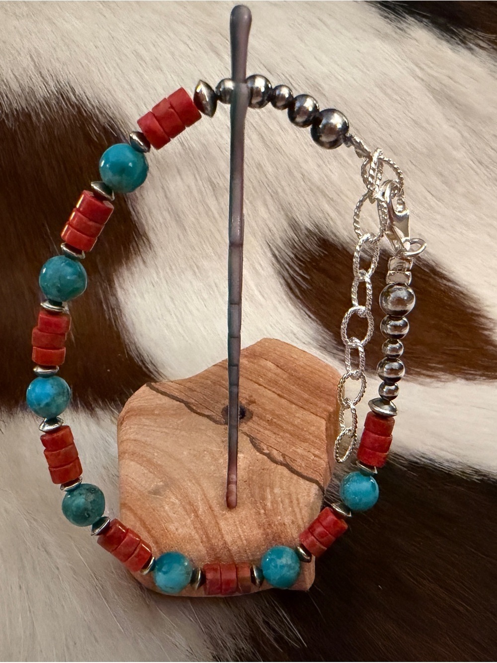 ❤️ 925 Red Coral & Kingman Blue Turquoise Desert Pearl Bracelet Unisex 7+2”L